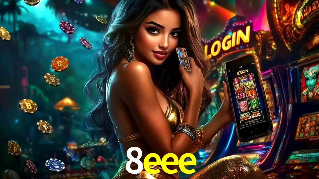 Mulher em um cenário de cassino temático de aventura, mostrando o app de caça-níqueis da 8eee no celular. Fichas de apostas flutuam ao redor.