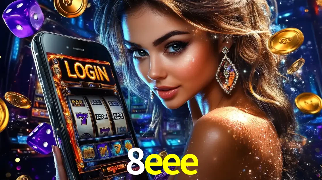 Mulher glamorosa segurando um smartphone com a tela de login para os jogos de caça-níqueis do cassino online 8eee, com moedas de ouro e dados ao redor.