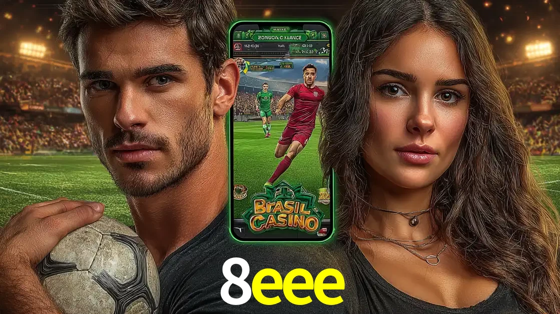 Homem segurando uma bola de futebol e uma mulher ao lado de um smartphone exibindo o jogo de apostas esportivas da 8eee. Faça seu palpite no cassino online.